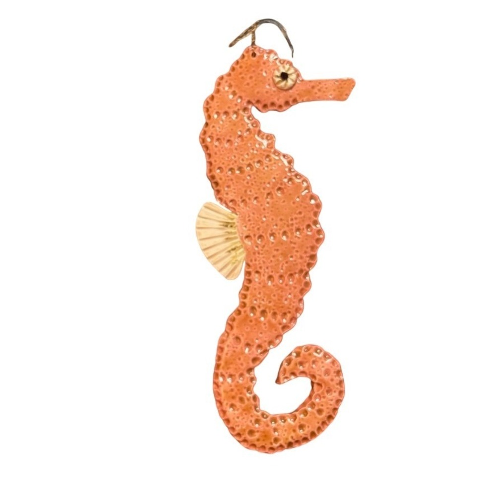 Handmade Ceramic Seahorse Wall‎ Hanging Coral Orange Crater Glaze Coastal Decor